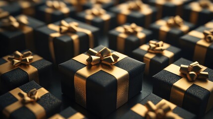 Many black gifts with gold ribbon bows. Perfect for luxury, celebration, or gifting concepts.