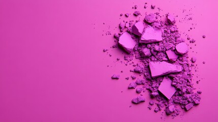 Crushed Magenta Eyeshadow: A vibrant, close-up shot of shattered magenta eyeshadow powder scattered across a bright magenta backdrop.