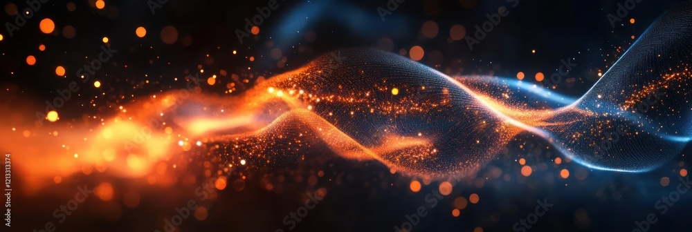 Poster abstract digital network of glowing orange and blue lines in a dark space illustrating connectivity 
