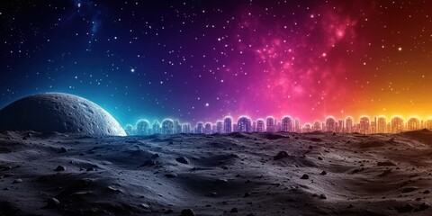 Naklejka premium Mesmerizing Lunar Surface with Vibrant Cosmic Skyline: Explore Moon's Craters Against Stunning Colorful Galaxy Backdrop - Perfect for Space and Astronomy Enthusiasts