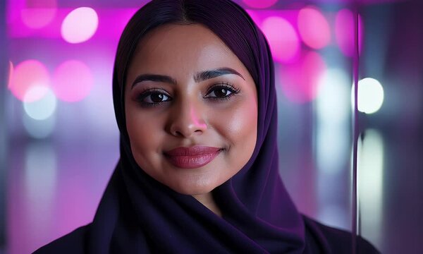 corporate portrait of a young qatari woman CEO walking into her office looking at the camera and smiling confidently