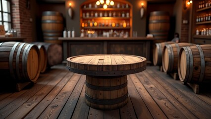 A wooden barrel serves as a table in a rustic bar, surrounded by other barrels and a bar counter
