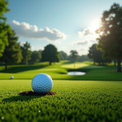 Fototapeta premium A golf ball lies on the lush green grass, awaiting its next shot