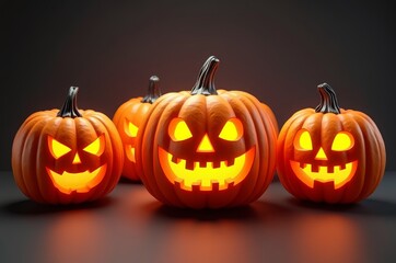 Carved faces on orange pumpkins, symbolizing Halloween tradition