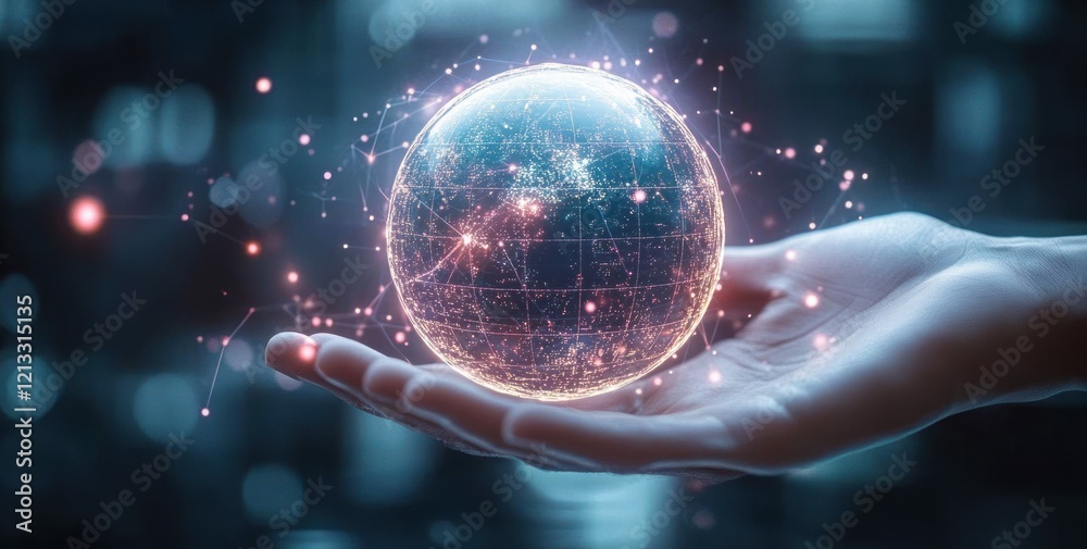Aufkleber Futuristic Robot Hand Holding Digital Globe for AI Data Verification and Process Automation in Business Technology