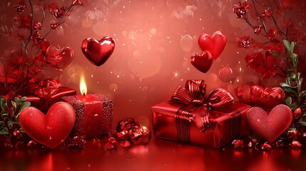 Romantic valentine's day card with red hearts, decorated gifts, and love symbols for a special occasion