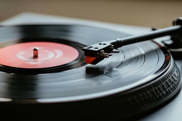 Close-up of a turntable playing a vinyl record. Perfect for music, nostalgia, and retro themes.