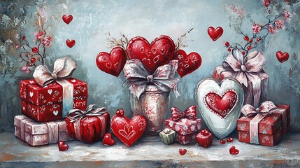 Romantic card featuring valentine's day gifts, red hearts, and sweet surprises in a festive arrangement