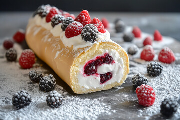 Delicious berry roulade dessert garnished with fresh raspberries and blackberries on a dark surface