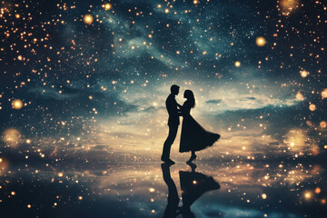 Naklejka premium Romantic couple silhouetted against a starry golden night with glowing reflections