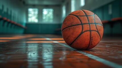 Obraz premium Basketball in Dimly Lit Locker Room with Wooden Floor and Dramatic Lighting