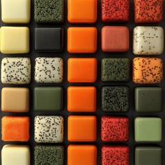 Fototapeta premium Vibrant Assorted Artisan Chocolate Squares with Speckled Patterns and Bold Colors in Green, Orange, Red, and Black for Gourmet Gift Boxes and Luxe Dessert Displays