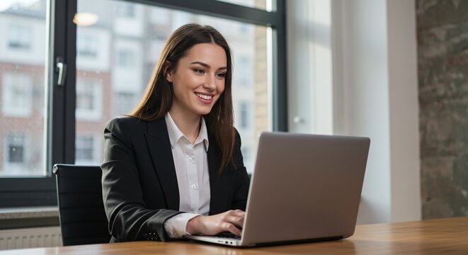 Happy latin hispanic young business woman working on laptop computer in company office . Smiling Indian entrepreneur manager businesswoman using pc for communication , learning at workplace . Copy spa