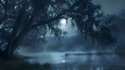 Obraz premium Mystischer Sumpf bei Nacht mit Nebel und Vollmond - KI generiert