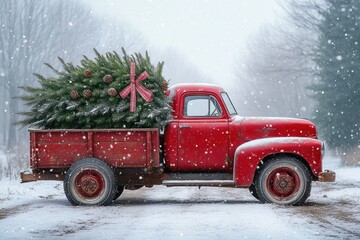 Vintage red truck carrying Christmas tree in snowy landscape festive winter scene