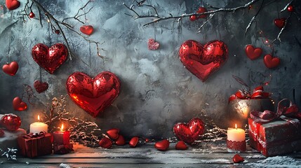 Elegant valentine's day greeting with red hearts, festive gifts, and a loving atmosphere