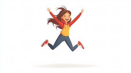 Cheerful cartoon girl jumping in wide angle centered composition