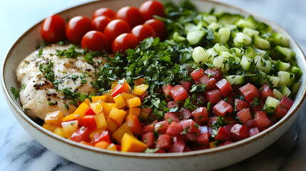 A vibrant and healthy meal featuring grilled chicken and a colorful medley of fresh vegetables. Perfect for a light lunch or dinner.