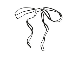 Hand drawn coquette ribbon and bow. Vintage element in simple crayon and sketch style. Trendy art symbol for Valentine day and wedding invitations. Outline vector illustration