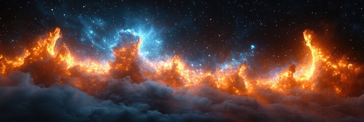 Fiery Cloudscape at Night Under a Starlit Sky: A Surreal and Dramatic Scene of Orange and Blue Flames