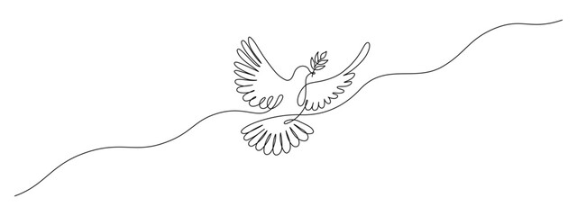 White dove in one continuous line drawing. Bird symbol of peace and freedom in simple linear style. Concept for wedding invitation icon. Editable stroke. Doodle monoline vector illustration © Olga Rai