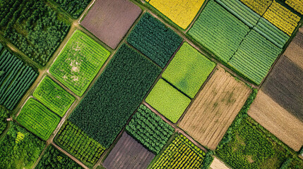 Many fields or beds with different plant crops. Top aerial view.