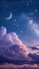 Midnight gradient sky with fluffy clouds, glowing stars, and moonlight.
