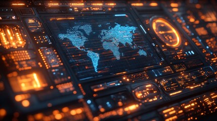 Futuristic Digital Surveillance Dashboard with World Map and High-Tech Radar Interface for Military Security and Location Tracking