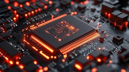 Close-up of illuminated CPU on circuit board. (1)