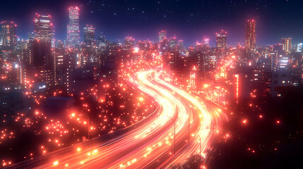Fototapeta premium Vibrant City Nightscape with Dynamic Traffic Flow and Glowing Lights