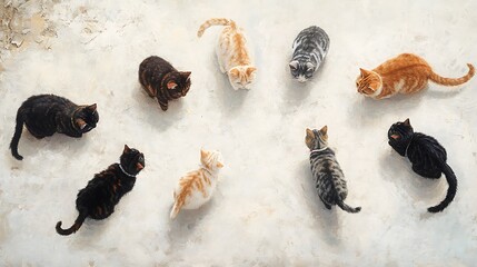 Fototapeta premium Curious cats forming a circle and gazing down at something on the ground in a playful mood