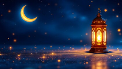 Naklejka premium Serene Night Scene with Illuminated Lantern and Crescent Moon
