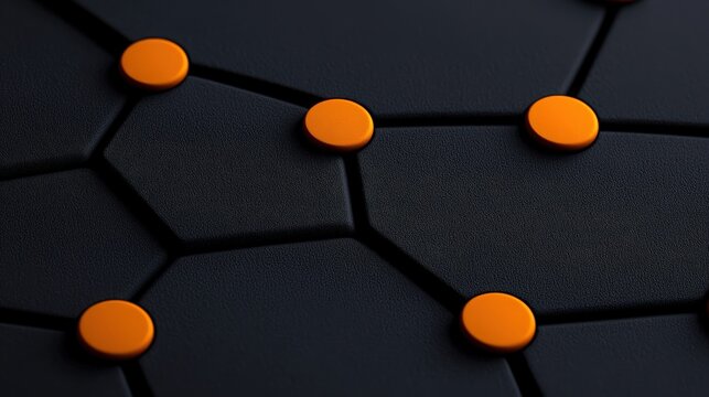 Abstract Network Connections:  A striking abstract image featuring a dark hexagonal grid with vibrant orange nodes, symbolizing interconnectedness and technological innovation.