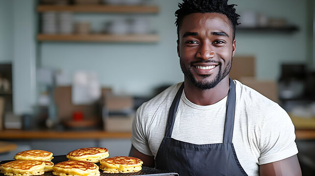 Smiling African American Man Baking Delicious Pastries in his Restaurant