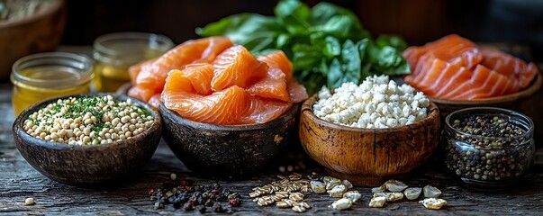 Mediterranean diet selection featuring fresh vegetables, grains, and lean proteins arranged beautifully on a rustic table