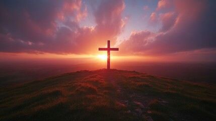 Majestic sunset behind hilltop cross silhouette. Easter, Pascha, Paskha, Ostern, Pascua, Paques - Orthodox and Catholic Holiday celebration