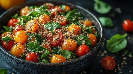 Millet salad with cherry tomatoes, spinach, and a tangy citrus dressing for a light and refreshing meal