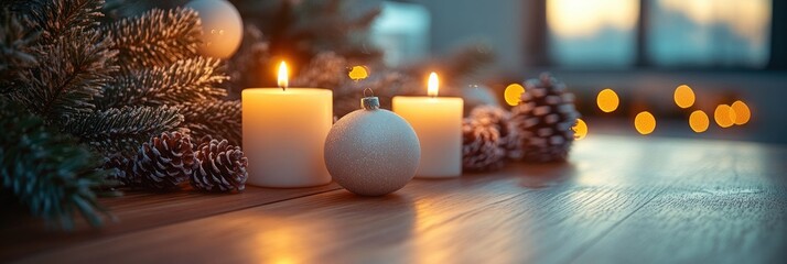 Cozy Christmas Table Setting with White Decor Elegant Candles Wooden Table Holiday Elements
