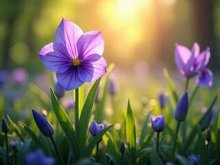 A purple flower with yellow center, surrounded by green leaves and buds