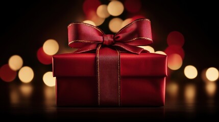 Red gift box with ribbon against bokeh lights.