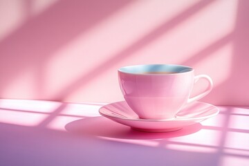 Fototapeta premium Pink teacup and saucer on pink surface, sunlit. Perfect for blogs, websites, or product advertising needing a calming, feminine aesthetic.
