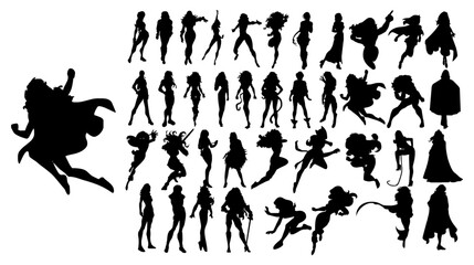 Silhouette Superwomen: A diverse collection of superheroine silhouettes in dynamic poses, showcasing strength, elegance, and a touch of mystery.