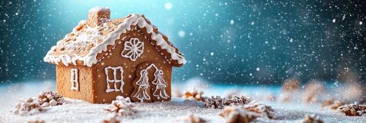 Gingerbread House Christmas Decoration with Icing and Snowflakes for Holiday Baking and Festive Celebrations
