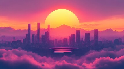 Cityscape above clouds at sunset.