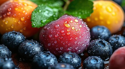 Close-up of fresh, juicy plums, peaches, and blueberries with water droplets.