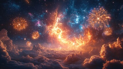 Celestial Fireworks Display Over Dreamlike Cloudscapes