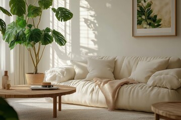 Stylish Living Room Design Minimalist Cozy White Sofa Wooden Table Warm Lighting Scandinavian Decor