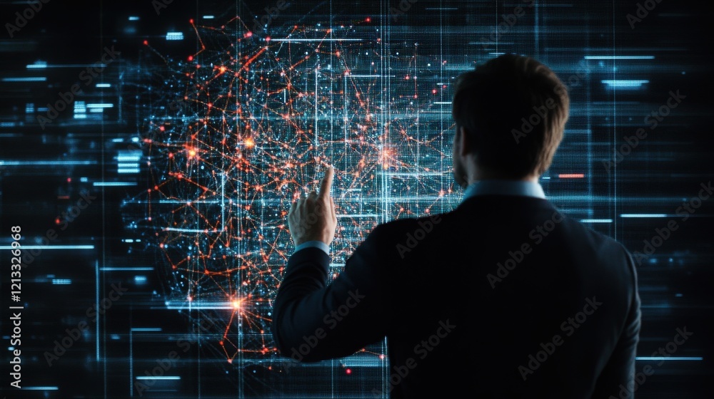 Poster business professional analyzing data visualization on digital screen in modern office environment fo