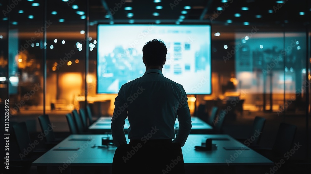 Poster business professional in a modern conference room analyzing data visualization on screen in a darken