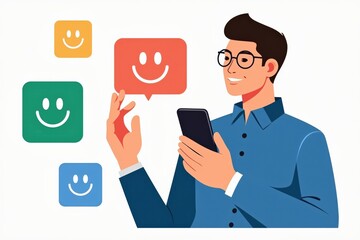 Engaged User Interacting with Feedback Interface on Smartphone: Smiley Face Ratings and Positive Review Concept